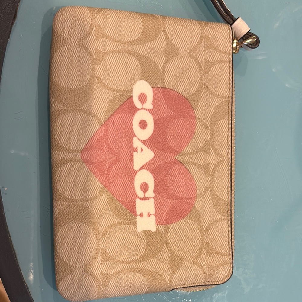 Coach Tan Wristlet with Pink Heart
